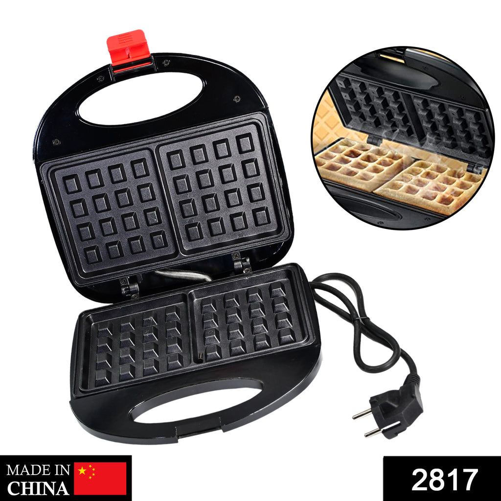 Compact silver 2817 Waffle Maker with non-stick plates for 2 square waffles and indicator lights.