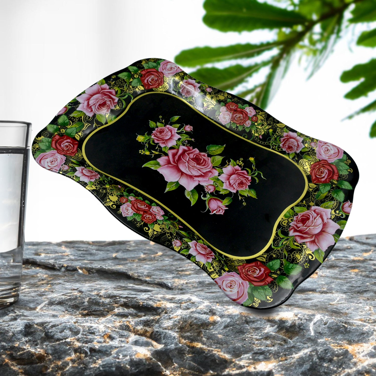 5537 Stainless Steel Serving Tray With Flower Printed Rectangle Premium Dining Table Plate (18 X 8.5 Inch 1 Pc)