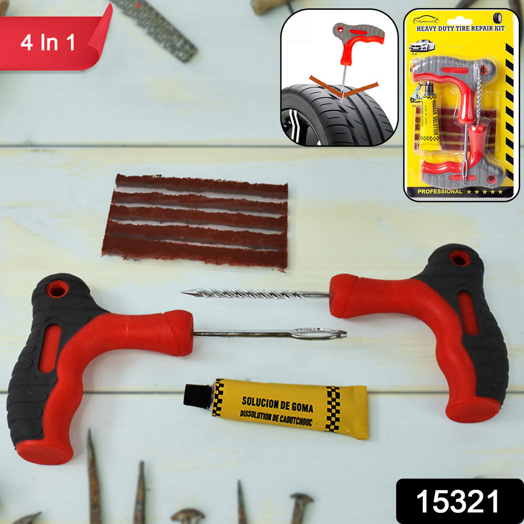 4 In 1 Universal Tubeless Tyre Puncture Repair Kit tools: reamer, insertion, and patches.