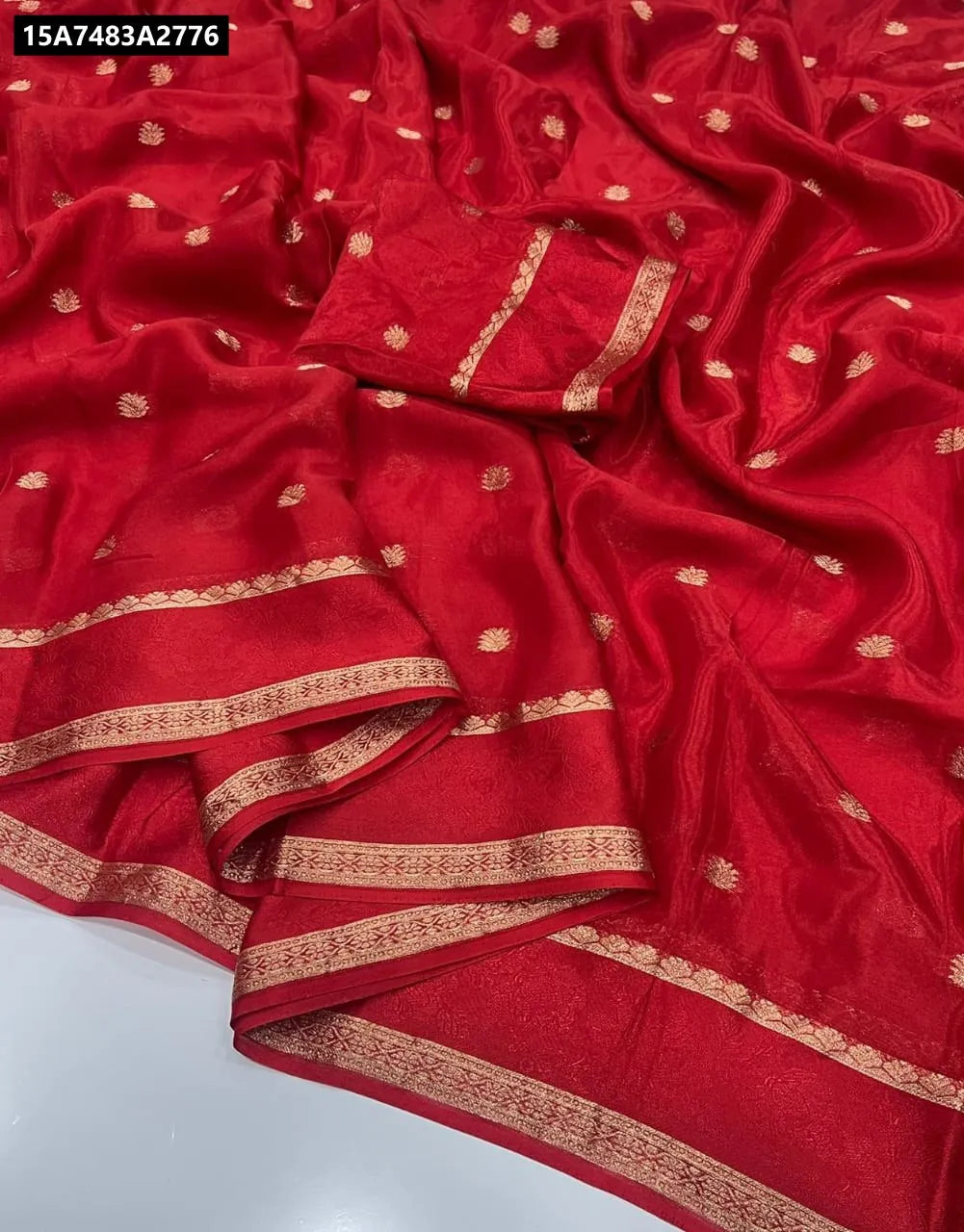 Red Pure Viscose Mysore Crepe Silk Saree with Jacquard Butti and Satin Rose Border - TRENDBUY