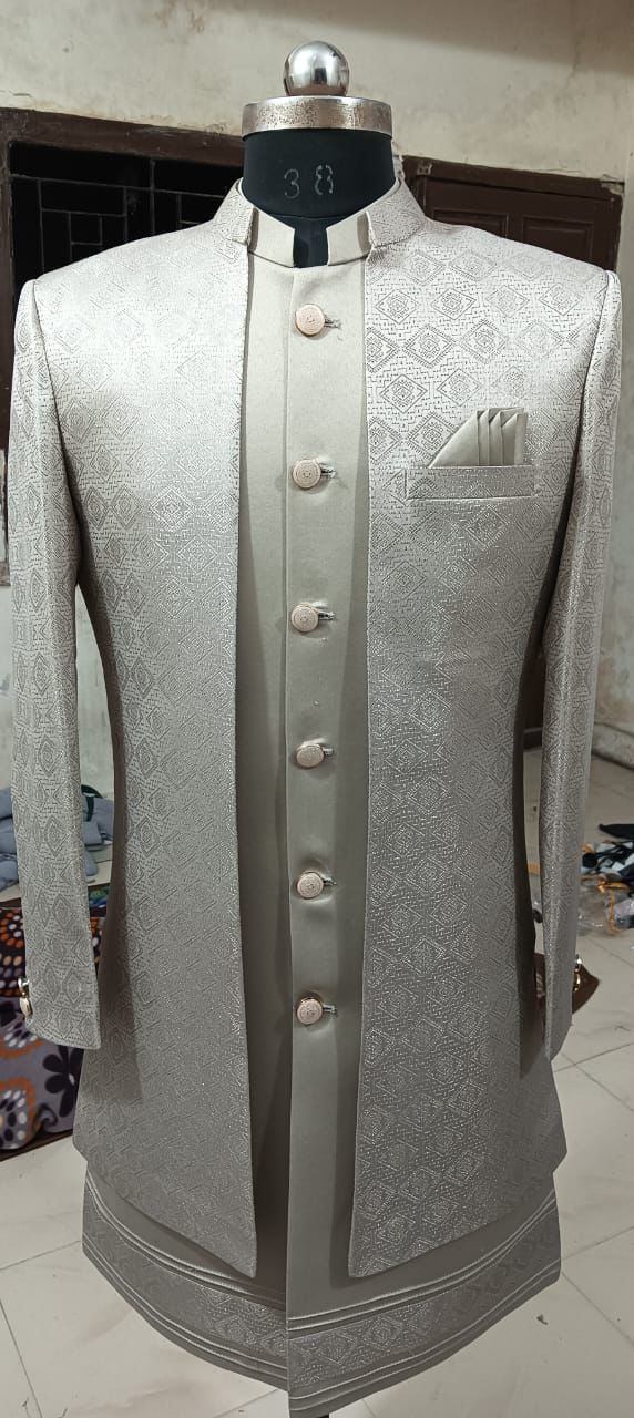 Men's Champagne Gold Jacquard Indowestern 3-Piece Set for Wedding