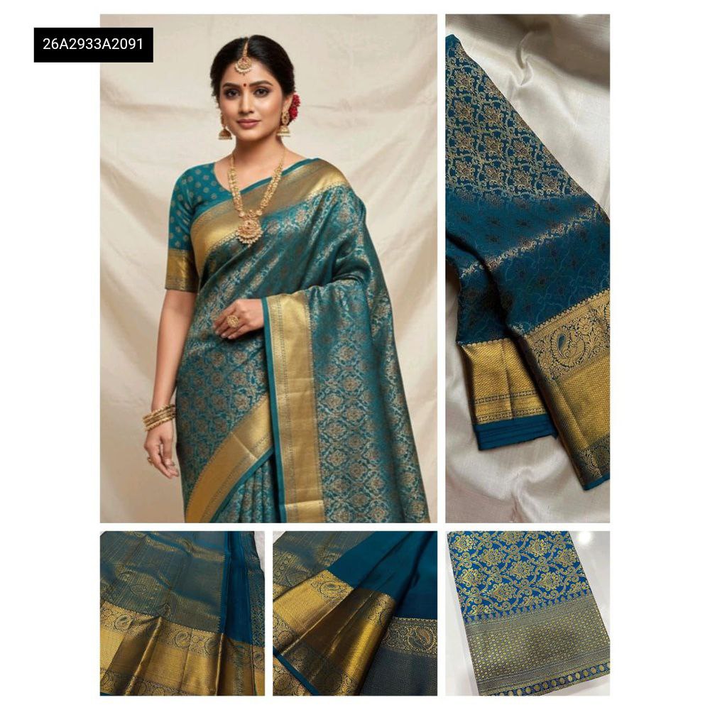 TRENDBUY Teal Blue Lichi Silk Jacquard Saree with gold zari work and rich pallu, worn by a smiling model.