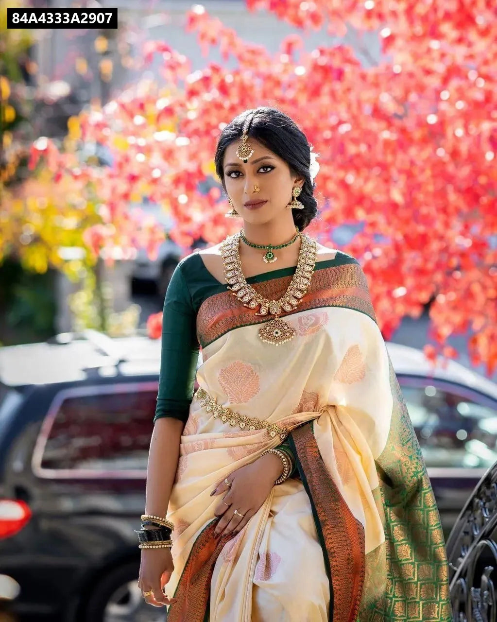 Full body front view of model in elegant Lichi Silk Saree, posing gracefully.