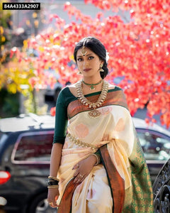 Jacquard Lichi Silk Saree for Women | Festive & Wedding Elegance | Cream & Green Ethnic Wear Online