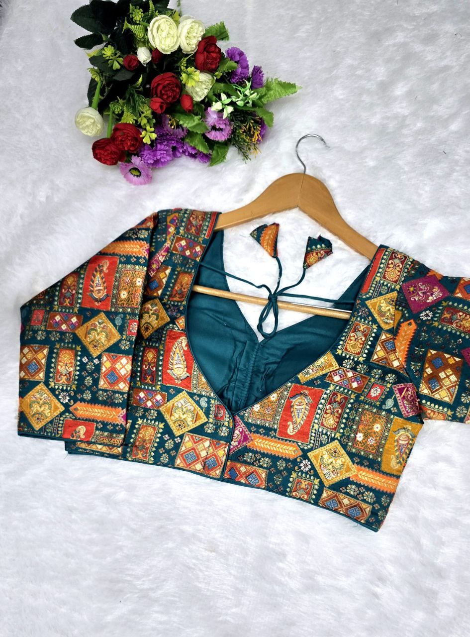 TRENDBUY Teal Green Jacquard Patterned Half Sleeve Blouse for Women, Party Wear