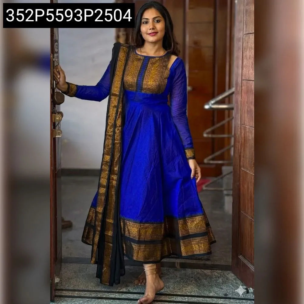 Model in royal blue Jacquard Silk Anarkali Maxi Dress with gold border and black net dupatta