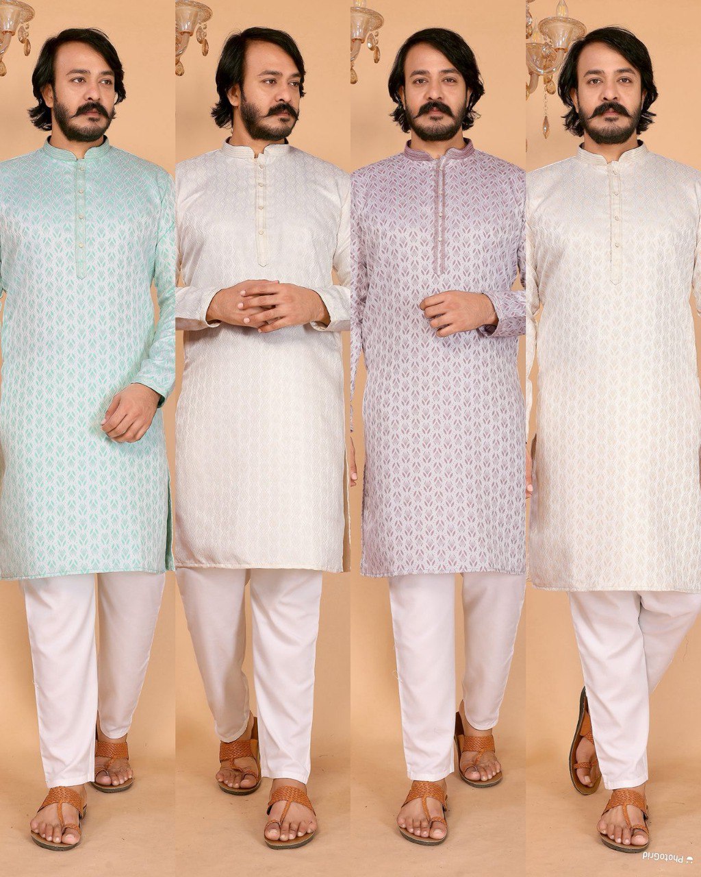 TRENDBUY Men's Jacquard Silk Kurta Pyjama Set in Aqua Green, Cream White, and Lavender colors for festive wear