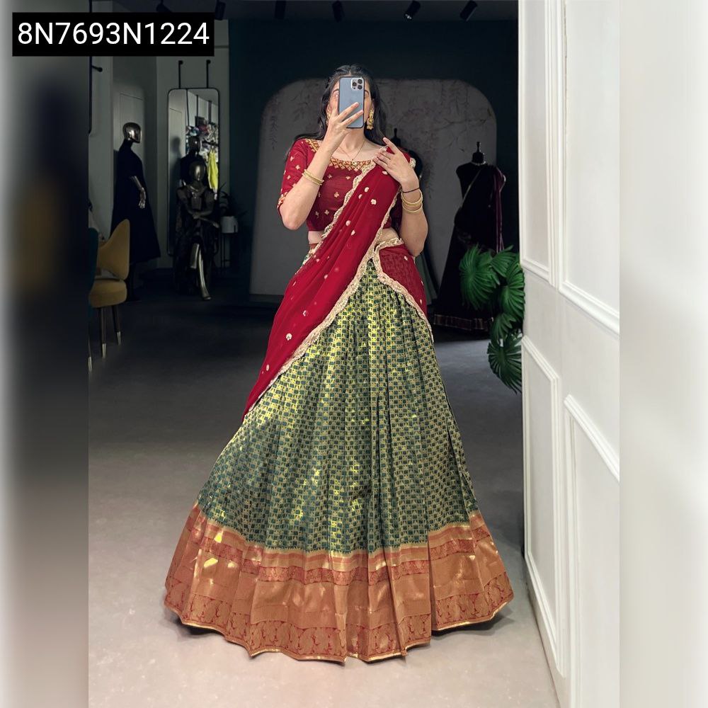 TRENDBUY women's Jacquard Silk Lehenga set in deep red and green, full view, model posing elegantly.