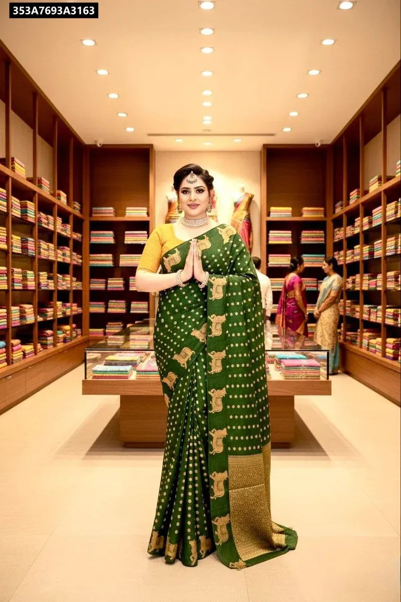 Model wearing TRENDBUY Dark Green Jacquard Viscose Saree with Yellow Blouse