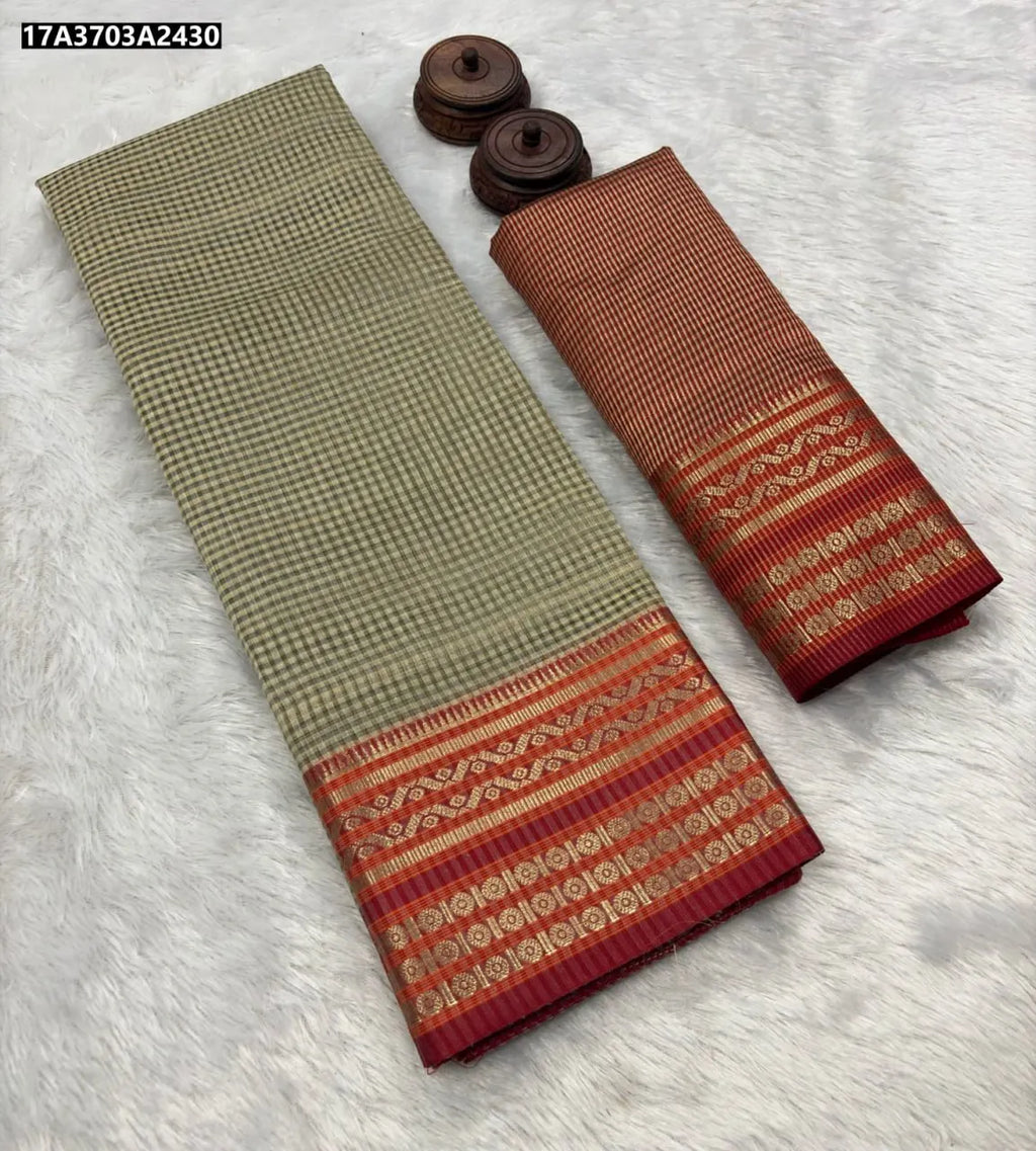 TRENDBUY Light Green Soft Cotton Silk Saree with Jacquard Weave Border and Contrast Pallu