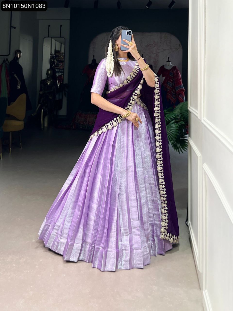 Elegant Lavender Jacquard Weaving Lehenga Choli for festive wear, full front view