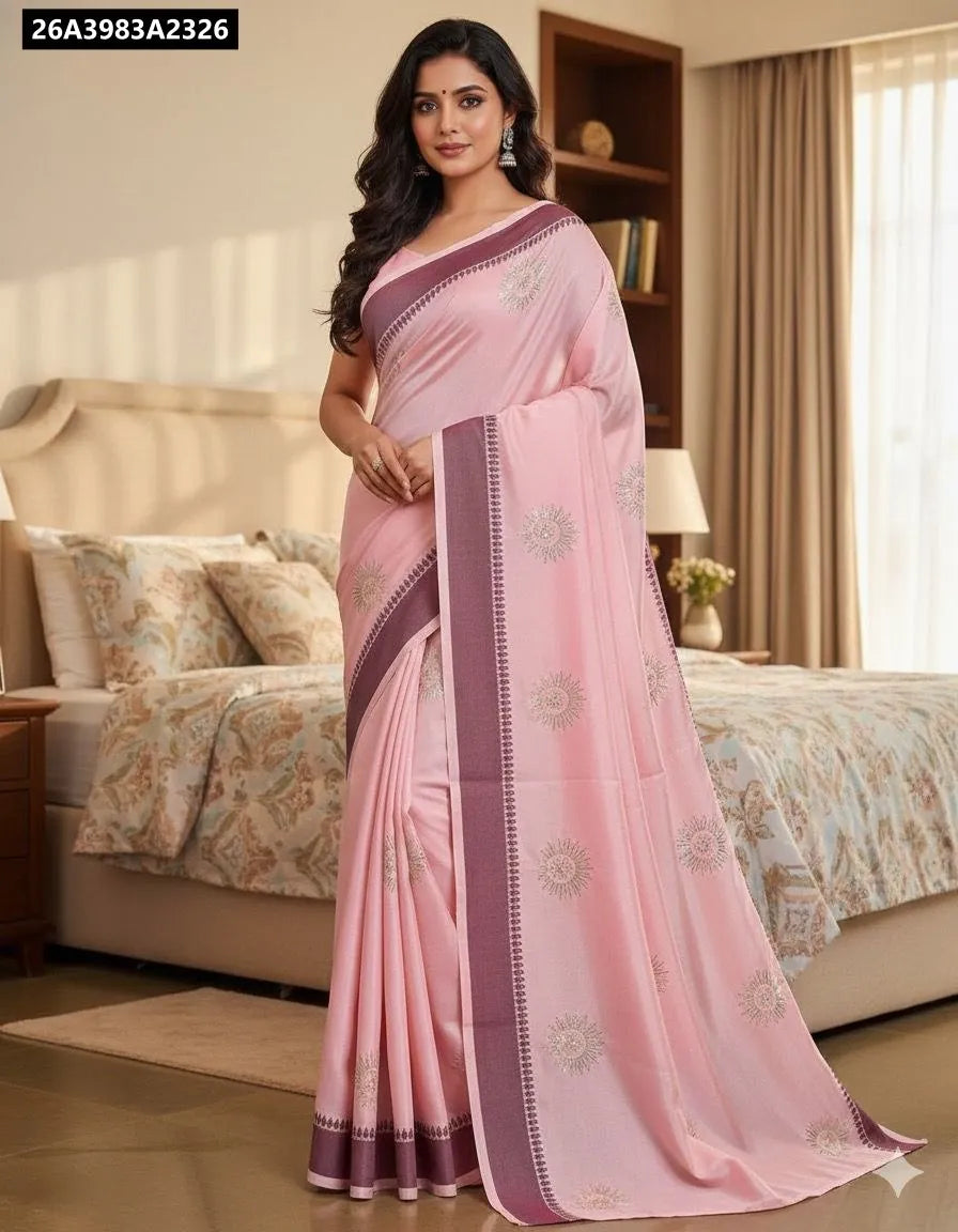 Blush Pink Rangoli Silk Saree with Embroidery and Jacquard Weaving Border - Front View