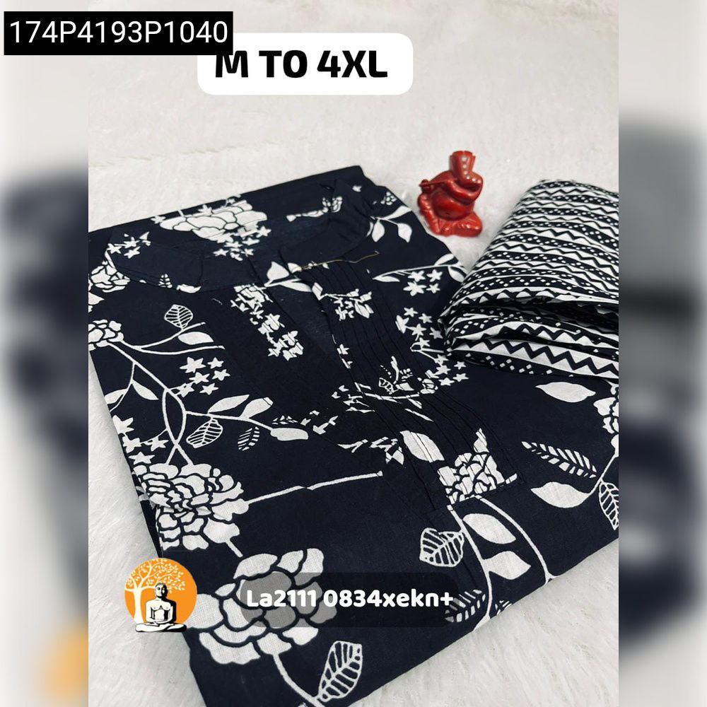 Folded Women's Jaipuri Cotton Kurta Pant Set in Black and White Block Print