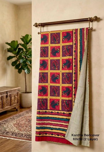 Jaipuri Printed Pure Cotton Single Bed Kantha Work Bedcover 60x90 - Maroon Gold Geometric