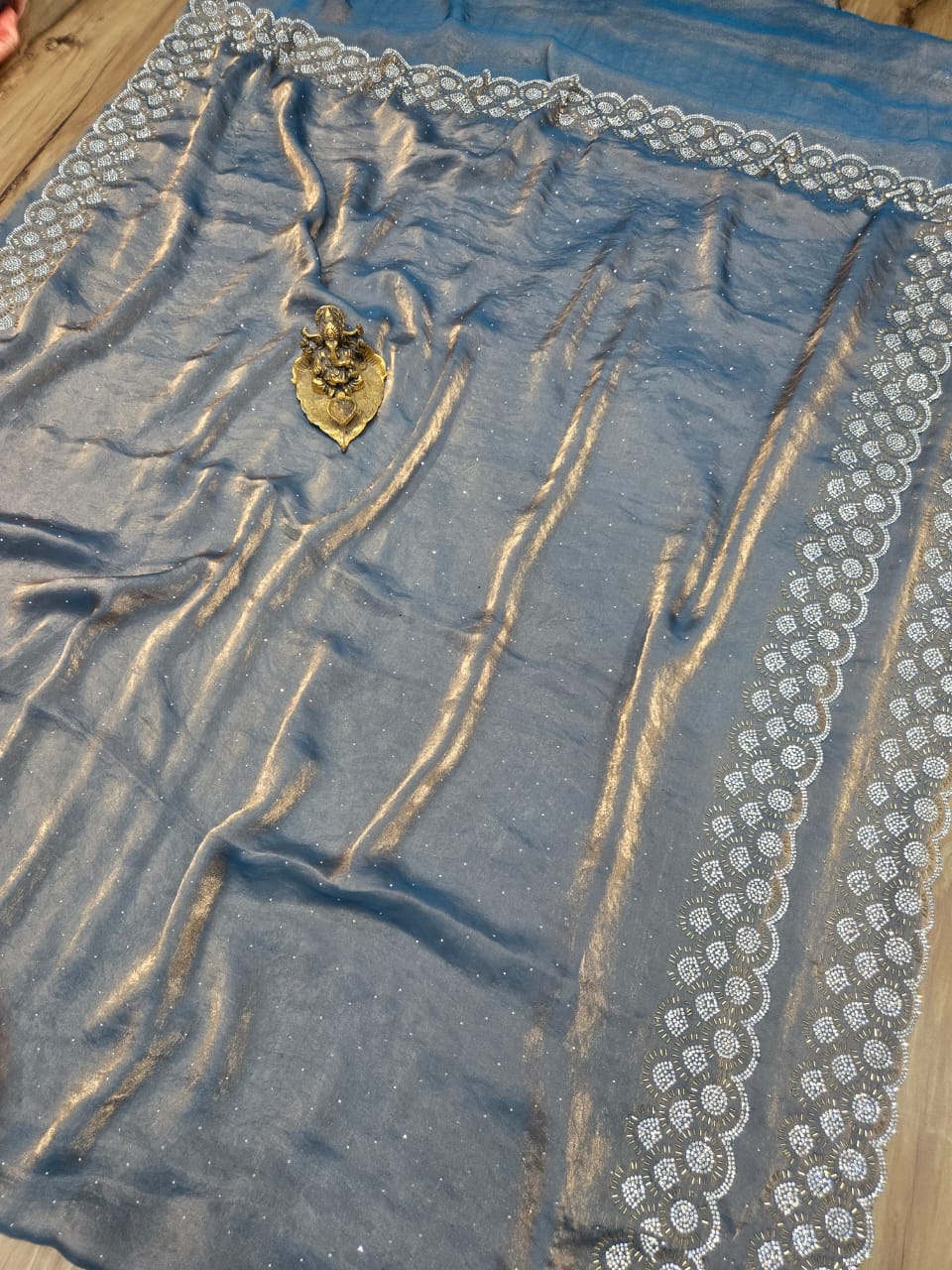 Slate Blue Space Silk Saree with Jarkhan Embroidered Border - Overhead View