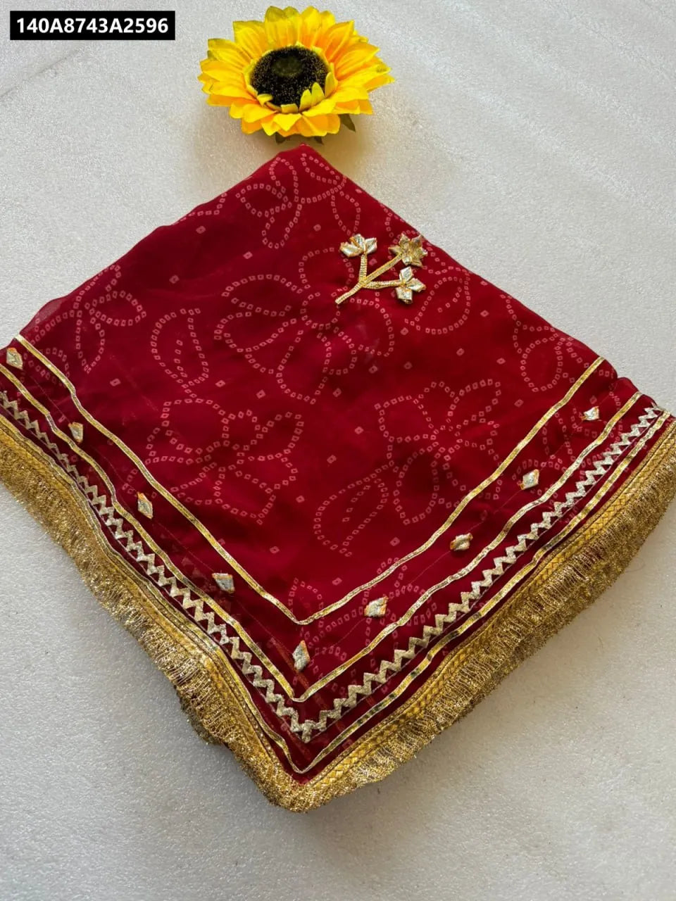 Jaypuri Gota Patti Bandhani Saree in Red with Gota Work (Flat Lay)