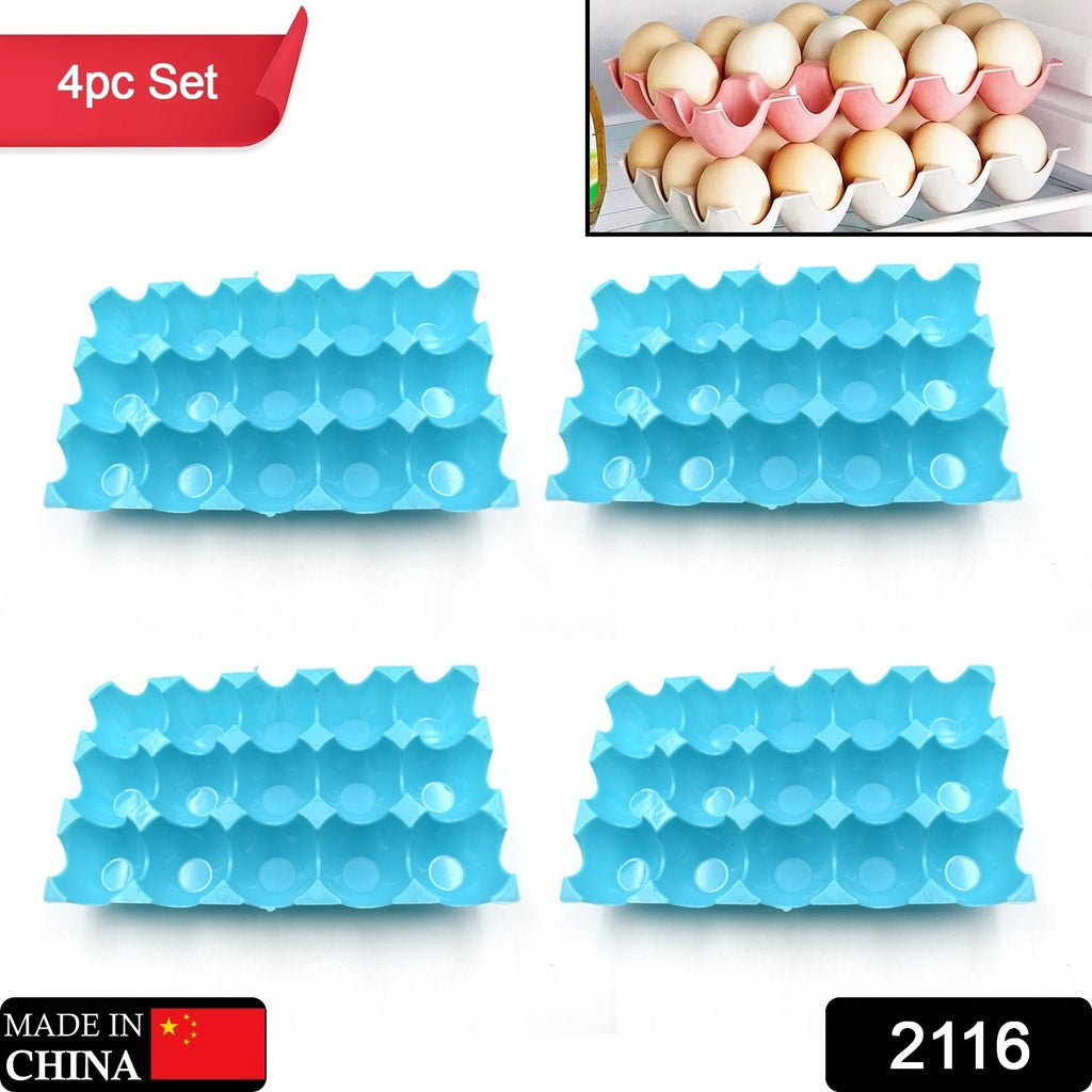 Stack of clear 15-cavity plastic egg trays for storage, showing the 4-piece set with 15 egg holders.