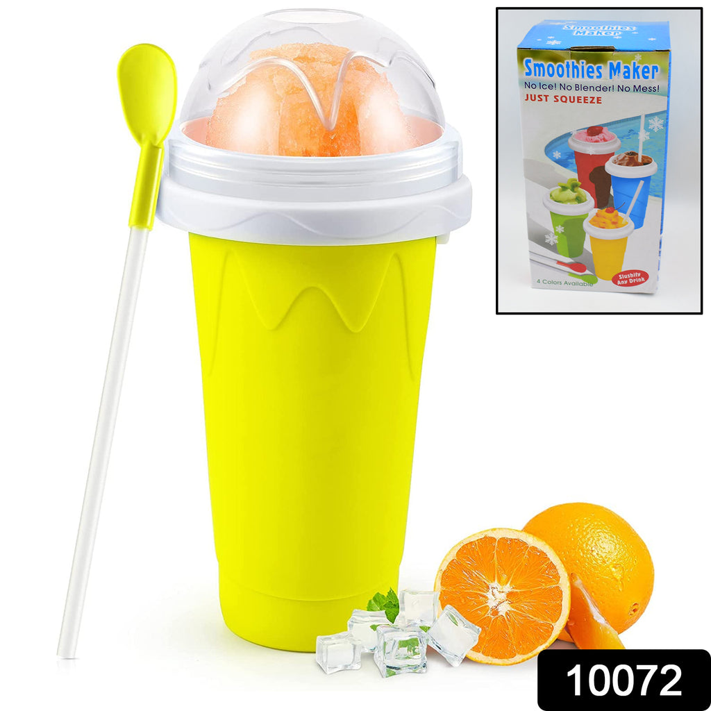 Magic Quick Frozen Smoothies Maker Cup creating a vibrant, cooling slushy drink from its double layer squeeze design