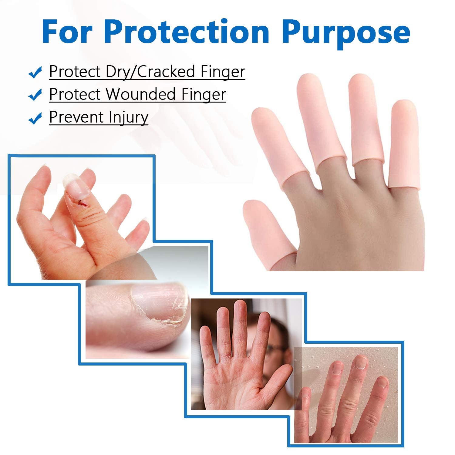 Hand wearing clear silicone finger caps, showing flexible finger protectors and sleeves from the 145 Pcs set.