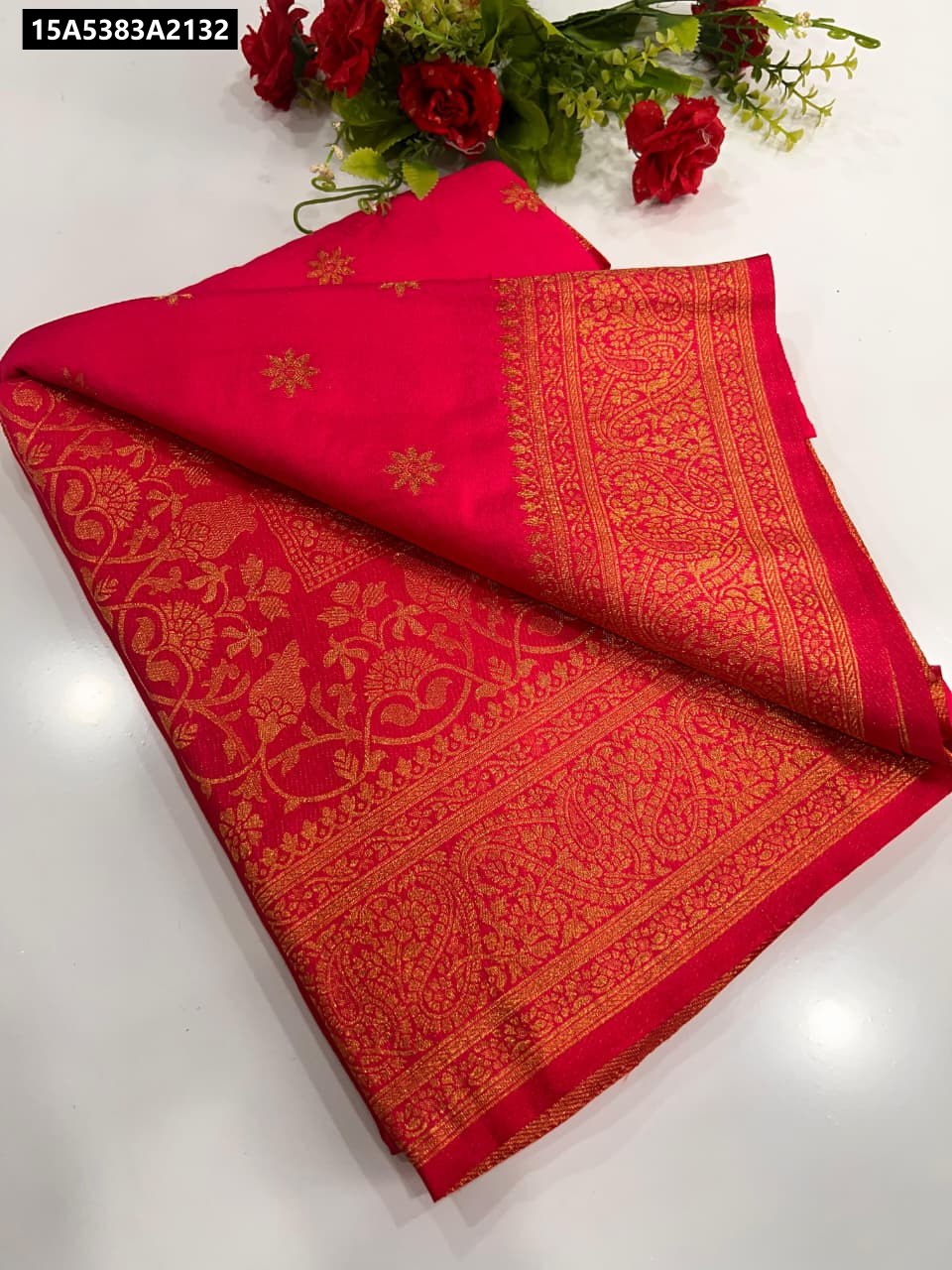 Fuchsia Pink Jute Silk Saree with Golden Border and Motifs - TRENDBUY
