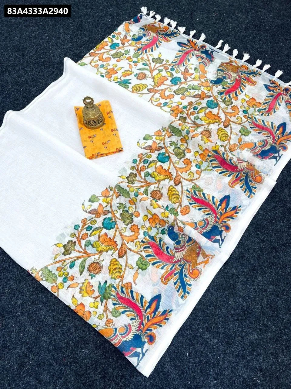 TRENDBUY Kalakari Digital Print Linen Saree with Yellow Blouse Piece, Flat Lay