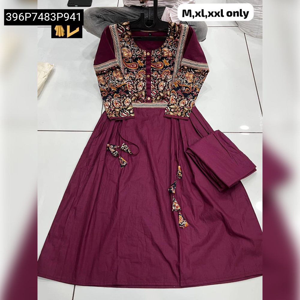 Women's Kalamkari A-Line Kurta with Plazo Pant Set in Plum Cambric Cotton