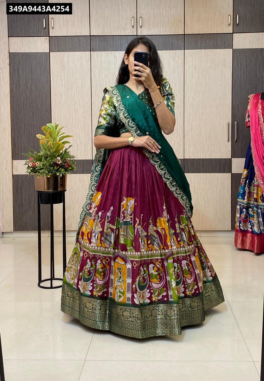 Woman wearing Black and Red Kalamkari Dola Silk Lehenga with red blouse and black dupatta