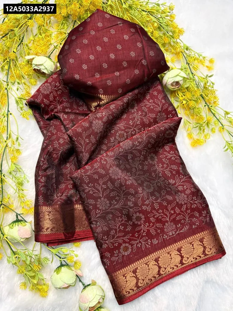 TRENDBUY Maroon Dola Silk Saree with Pen Kalamkari design & Zari Hamsa border