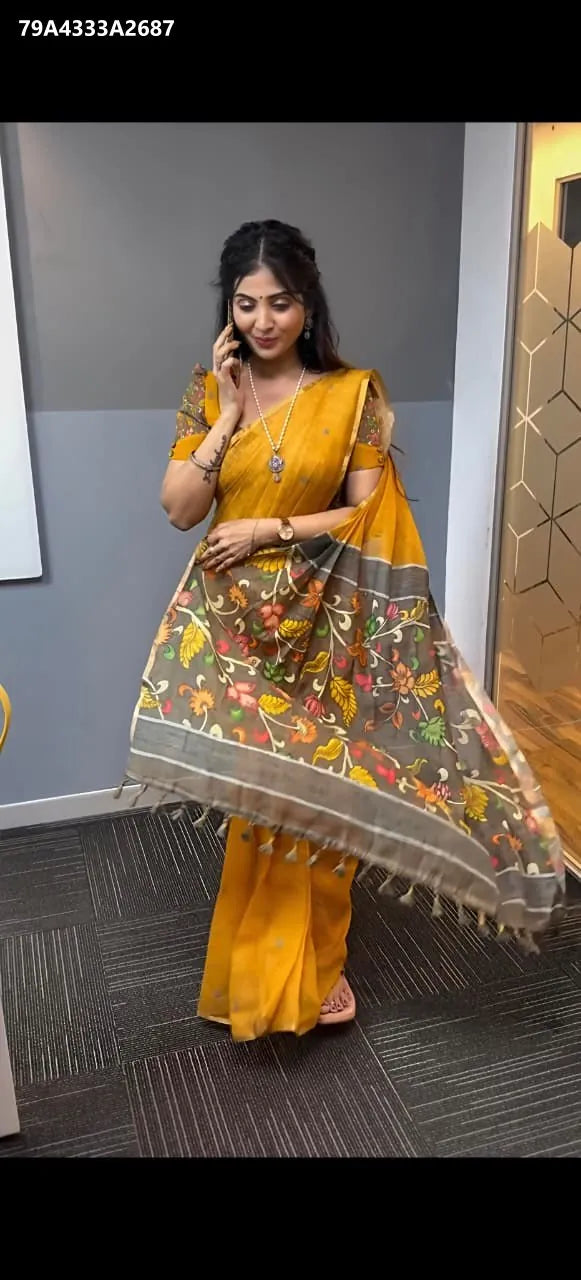 Model wearing TRENDBUY Kalamkari Digital Print Linen Saree in Mustard Yellow, full body front view.