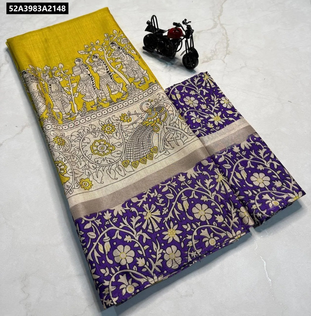 Golden Yellow Kalamkari Mul Mul Cotton Saree with Purple Border and Gold Zari