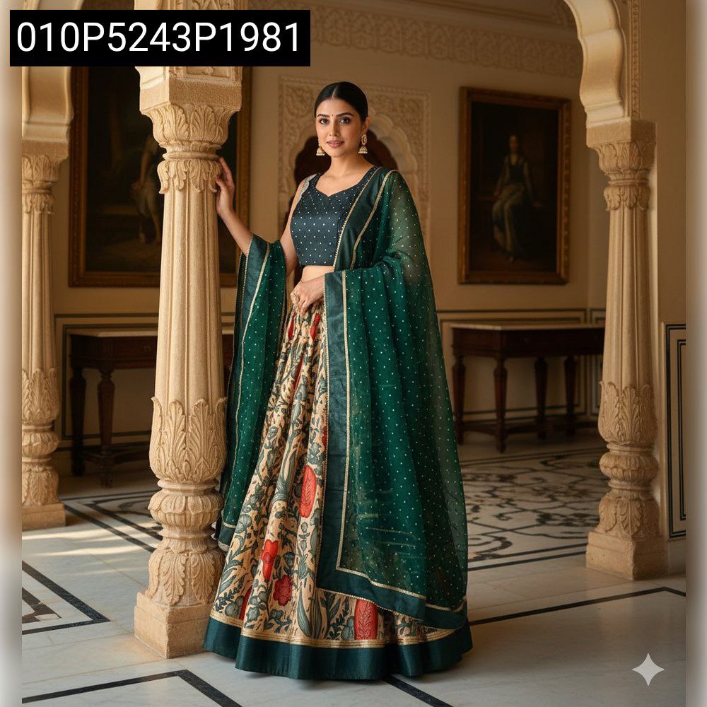 Woman in Kalamkari Print Chinnon Silk Lehenga set, Emerald Green blouse and dupatta, full body view, front facing.