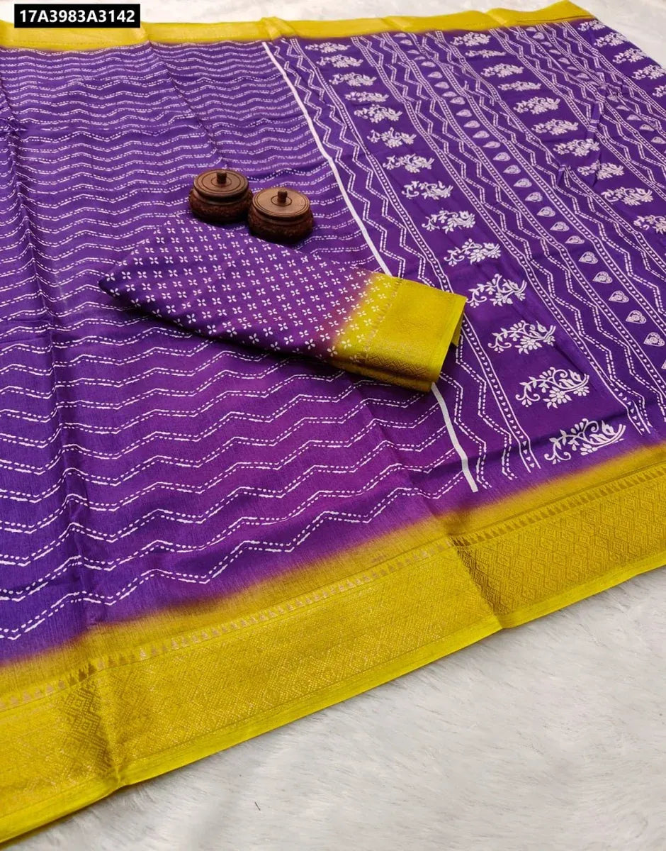 TRENDBUY Purple Dola Silk Saree with yellow border and Kalamkari print, flat lay with blouse piece.