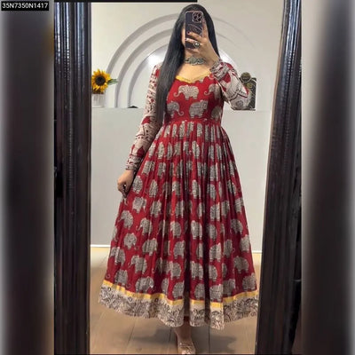 Kalamkari Print Gown with Jacket for Women | Party Wear