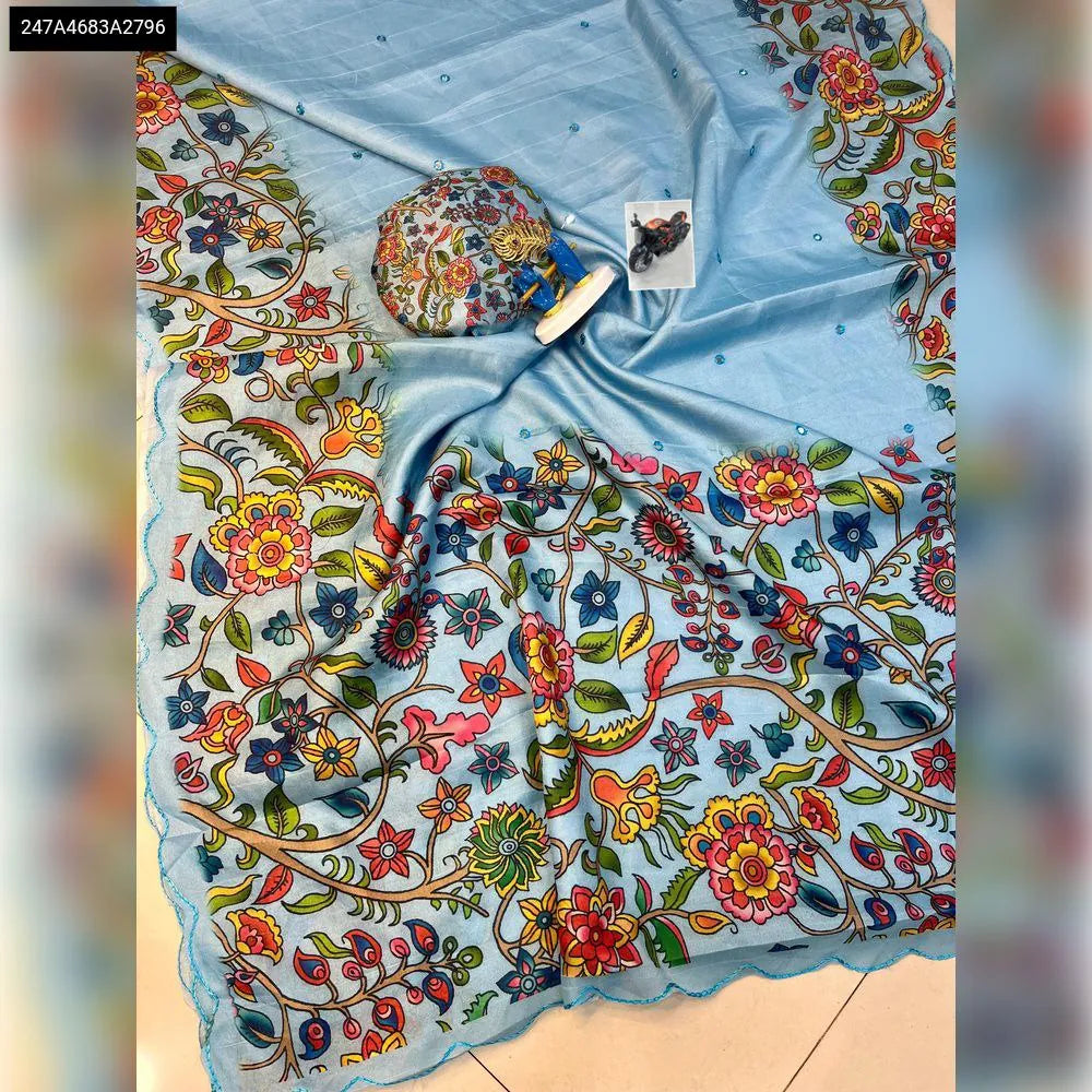 TRENDBUY Sky Blue Handloom Tussar Silk Saree with Kalamkari Digital Print and Mirror Work, flat lay