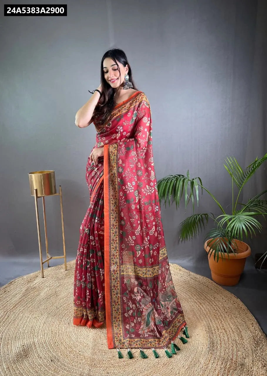 Woman in Red Kalamkari Print Malai Cotton Saree with tassels, full body, main shot