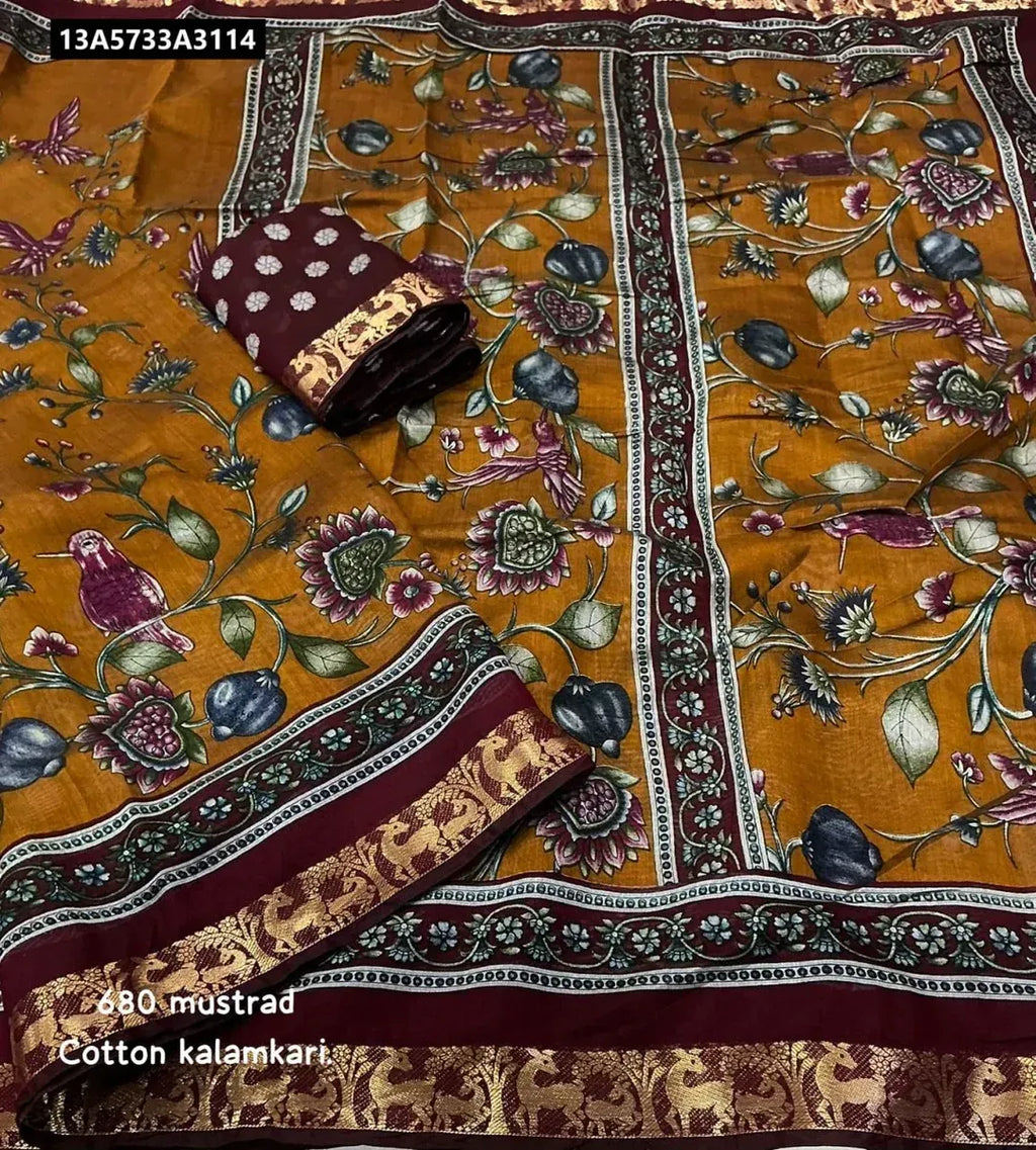 TRENDBUY Mangalgiri Style Kalamkari Printed Cotton Saree in Mustard with Zari Pattu Border and Blouse Piece