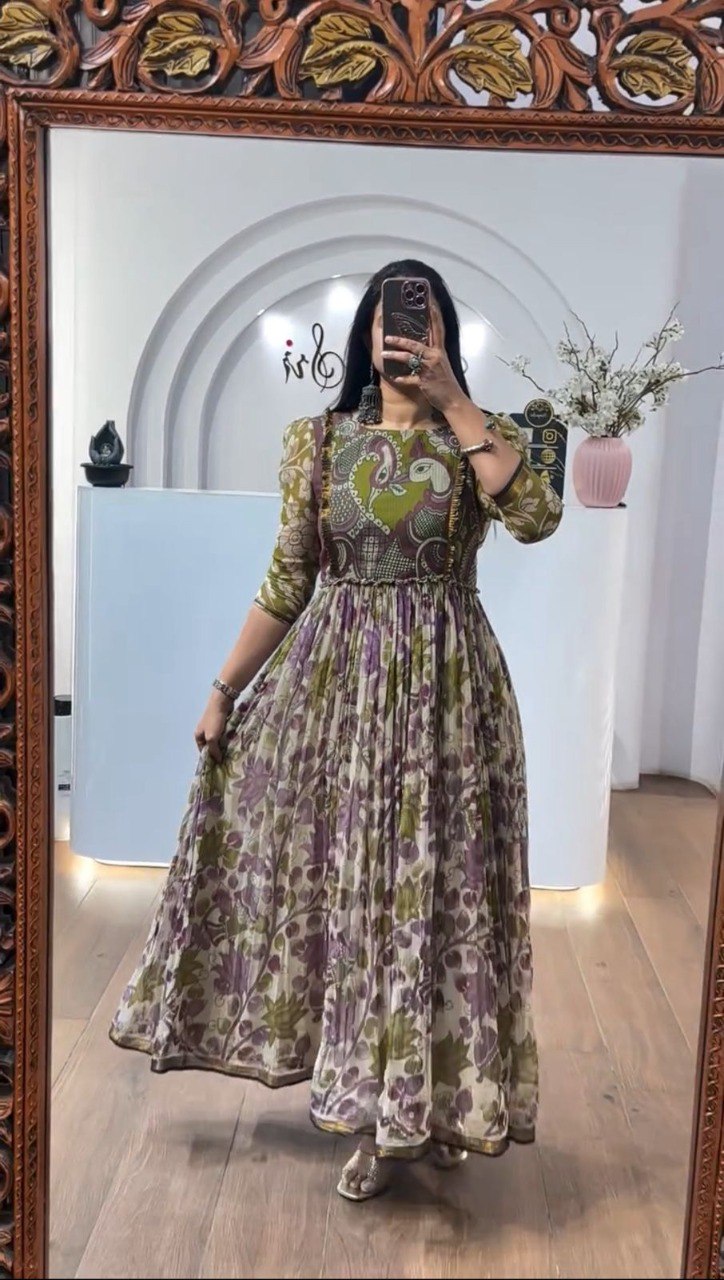TRENDBUY Kalamkari Printed Gown in Olive Plum, front view