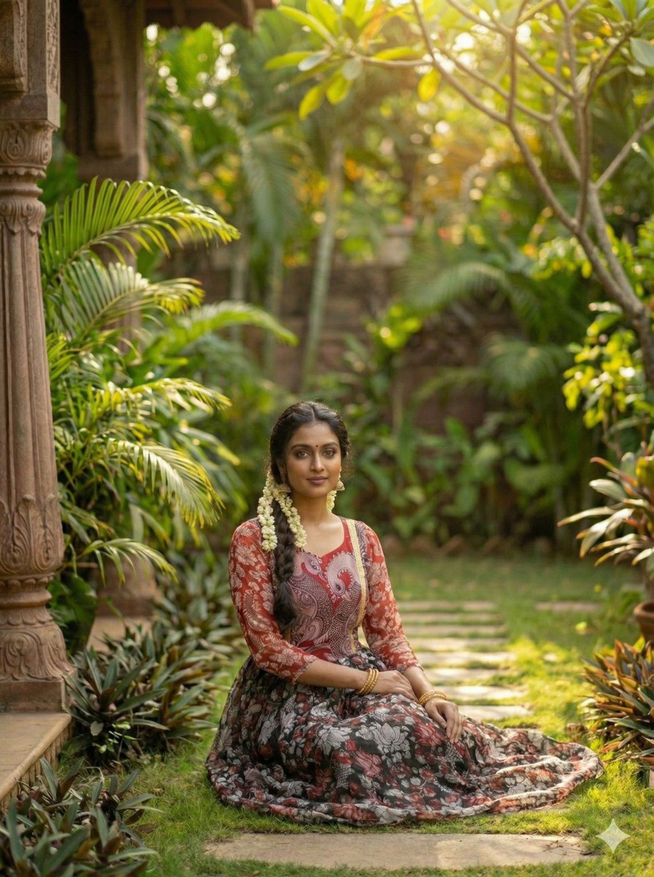 Woman in Maroon & Black Kalamkari Printed Maxi Dress, posing gracefully in a sunlit garden.