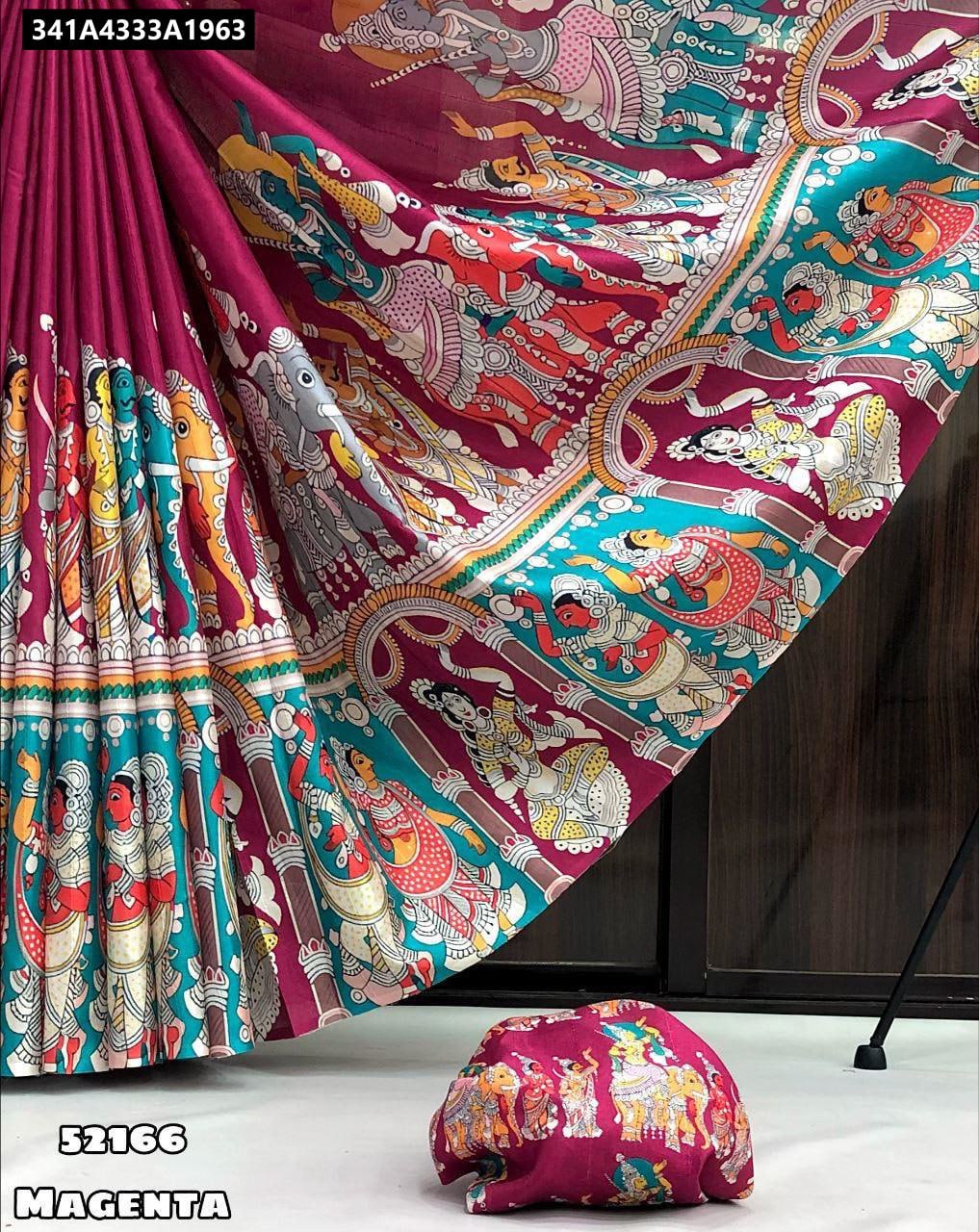 TRENDBUY Draped Handloom Tussar Silk Saree in Magenta, highlighting detailed Kalamkari print on body and pallu