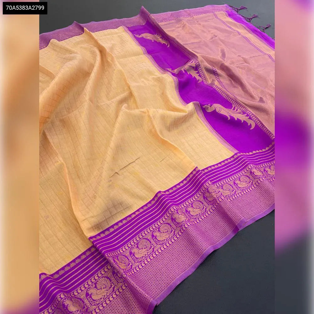 TRENDBUY Kalyani Cotton Silk Saree in Cream with Purple border and Gold Jari work, flat lay