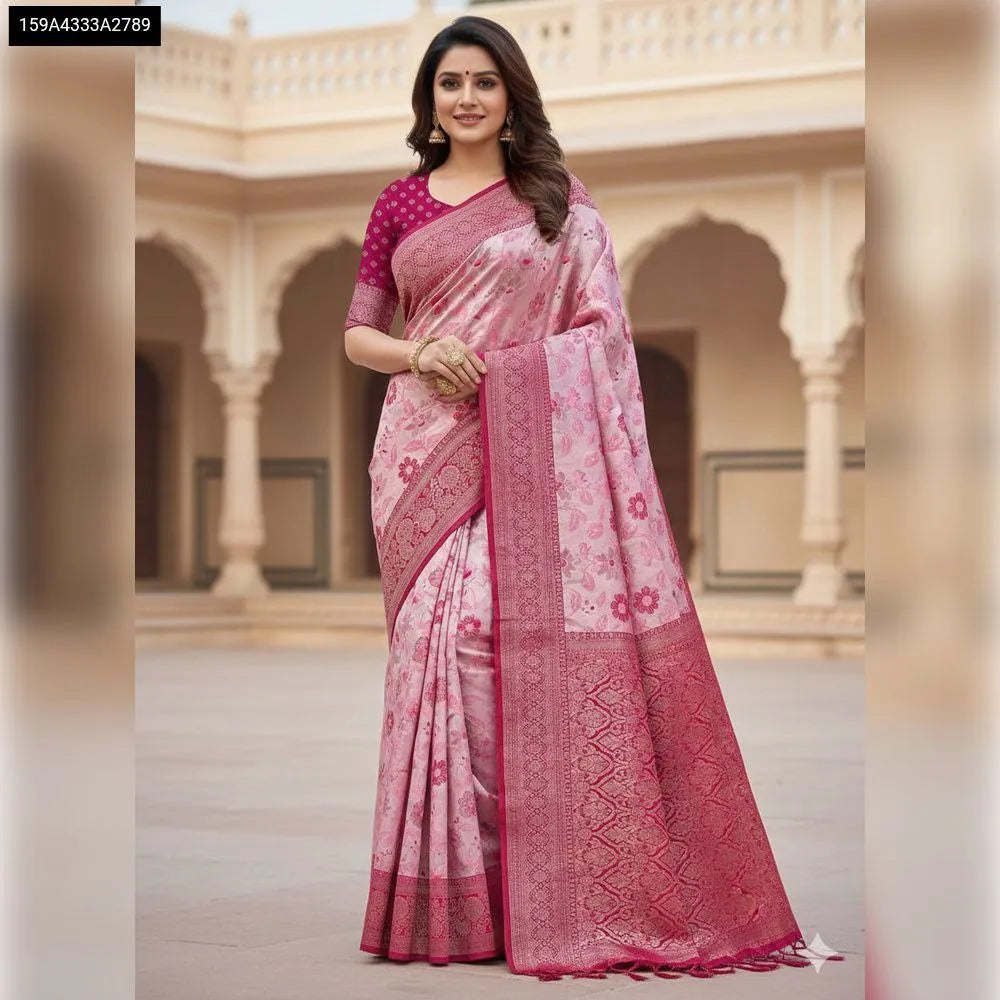 TRENDBUY Kanchi Tissue Zari Saree in Fuchsia Pink, worn by model