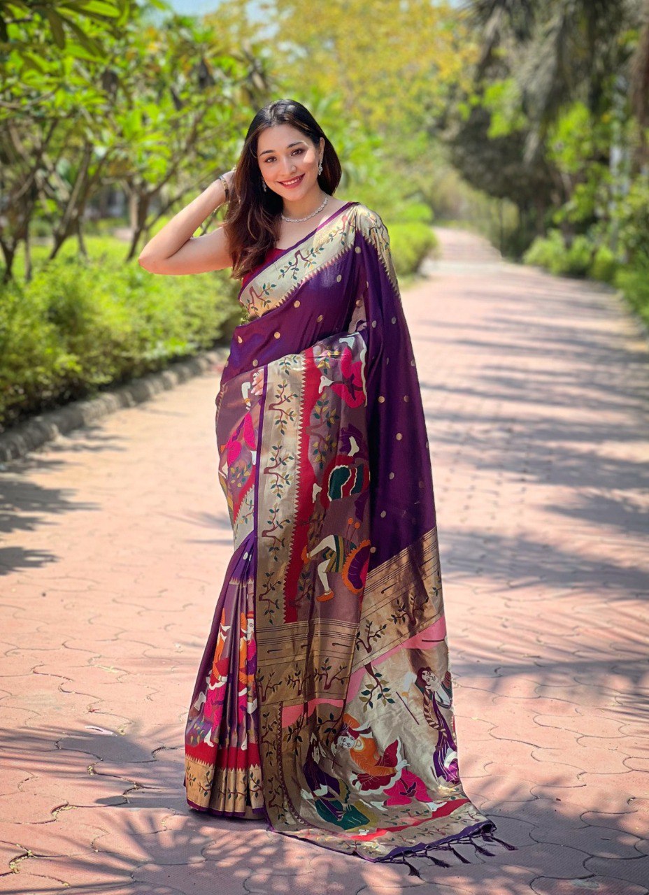 Dark Purple Kanchipuram Paithani Silk Saree with Minakari Weave