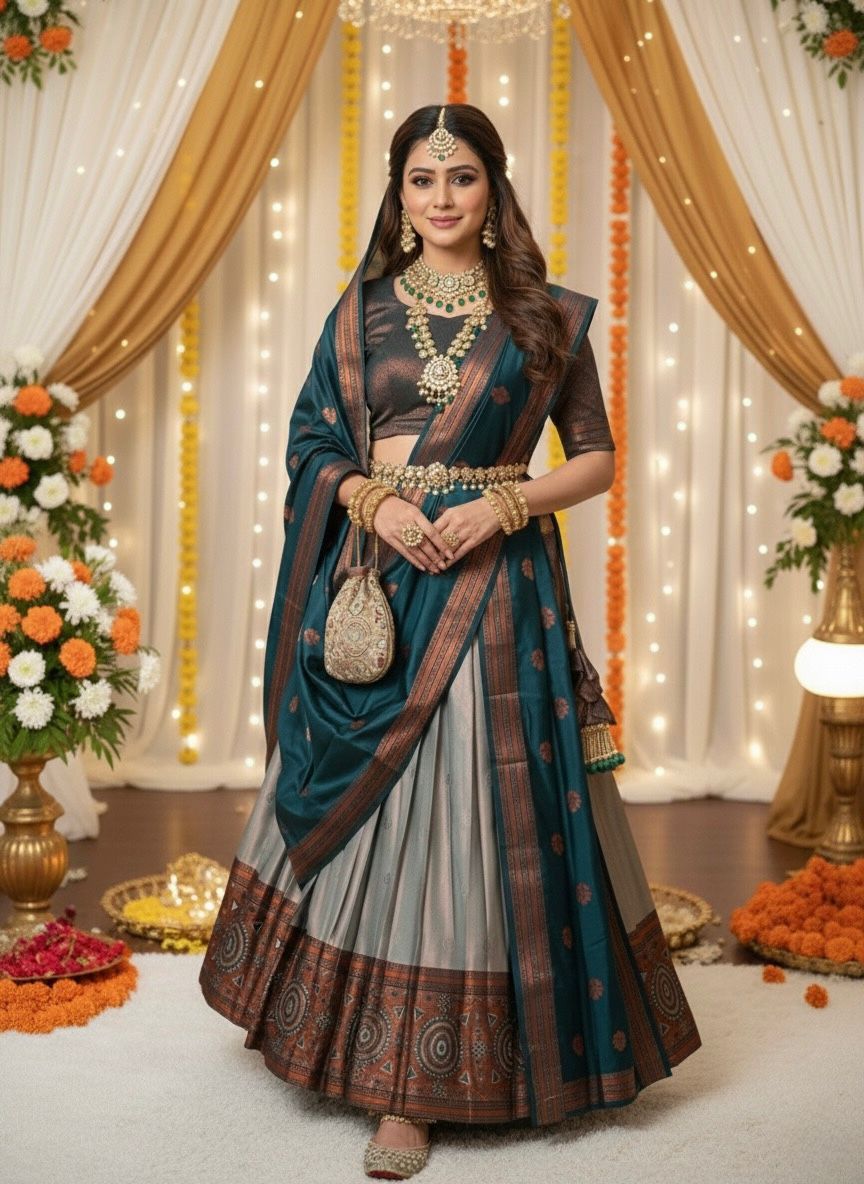 TRENDBUY Kanjiveram Silk Half Saree Lehenga in Teal and Grey, worn by a model with traditional jewelry.