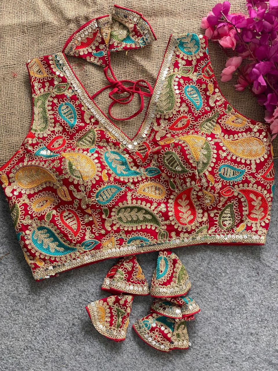 TRENDBUY Red Kashmiri Work Embroidered Readymade Blouse with optional sleeves, front view