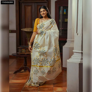 Kerala Cotton Silk Kasavu Saree with Ikkat Print | Festive & Ethnic Wear Online