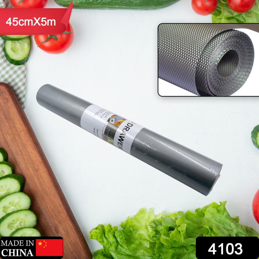 Multipurpose anti-slip textured mat liner roll for kitchen, bathroom, cabinet, drawer, and fridge shelves.