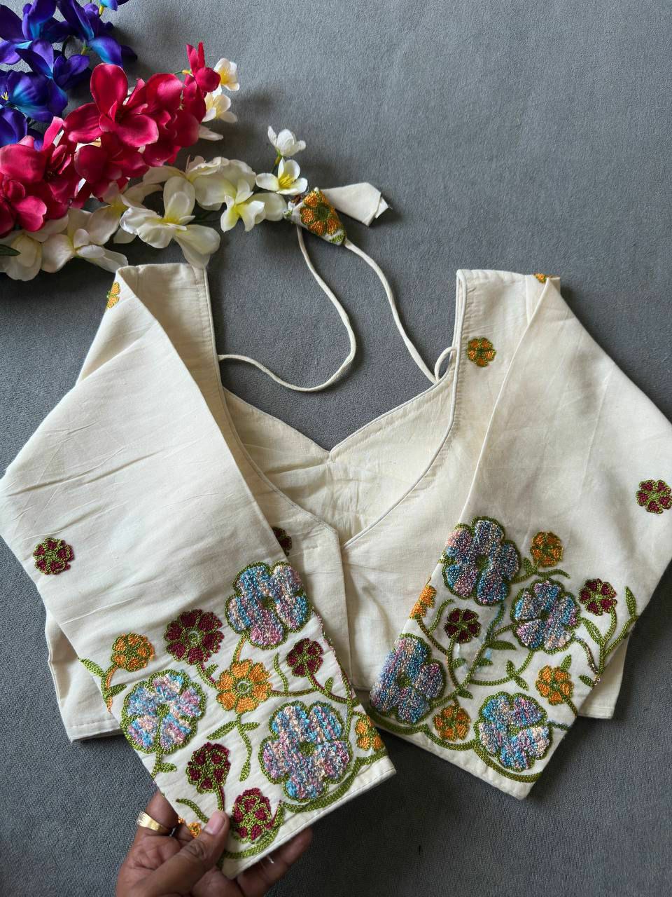 TRENDBUY Khadi Cotton Blouse with vibrant multi-color floral chain stitch embroidery, front view