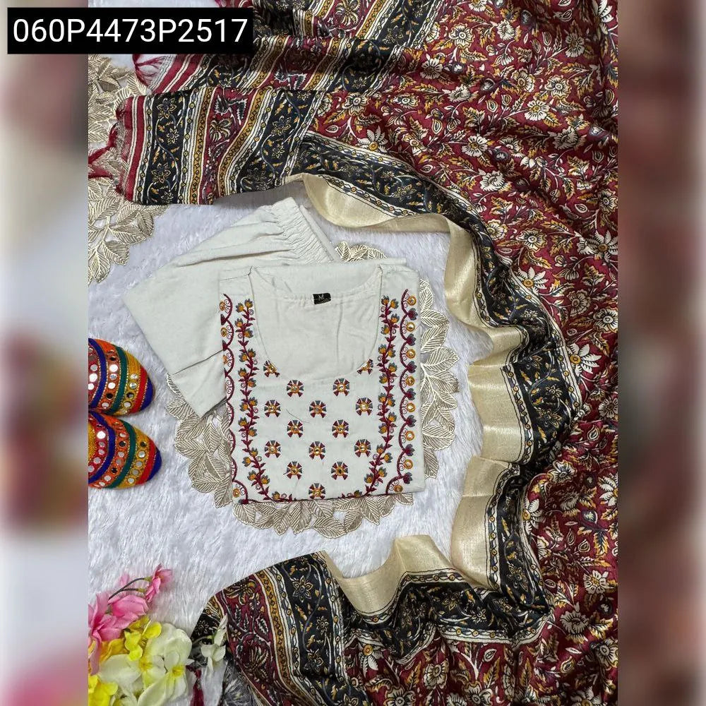TRENDBUY Khadi Cotton Embroidered Kurti Set flat lay with Bhagalpuri print dupatta, front view.