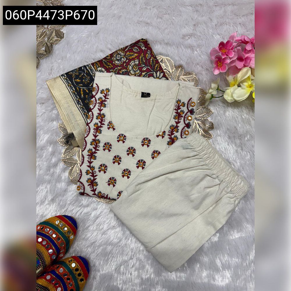 Flat lay of Khadi Cotton embroidered suit top, pant, and folded Bhagalpuri dupatta with traditional jutti shoes.