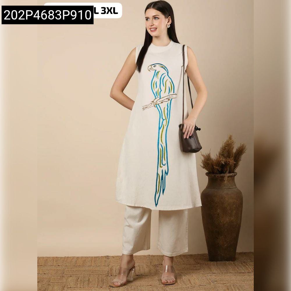 Full-body shot of a woman in Khadi Cotton Suit Set with blue and green parrot embroidery, front pose.